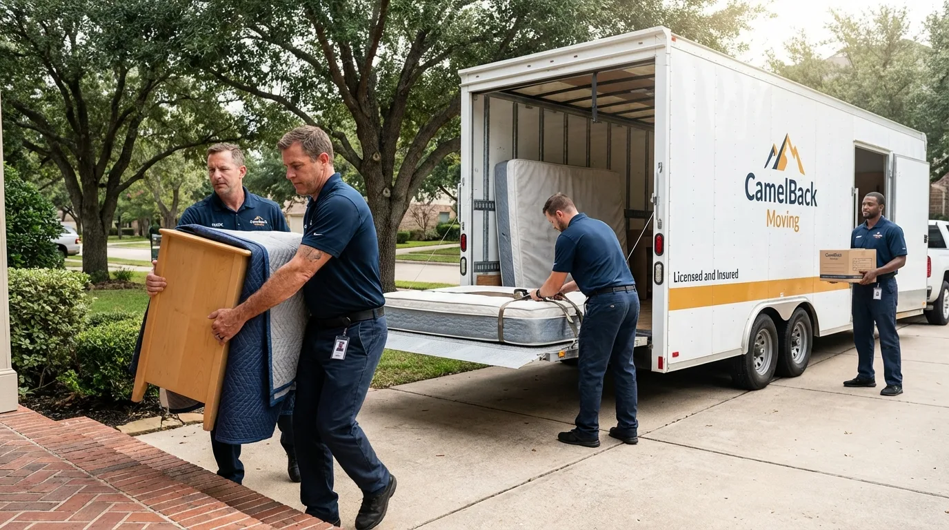 Crew loading residential truck for cross-state move from Ellendale, ND