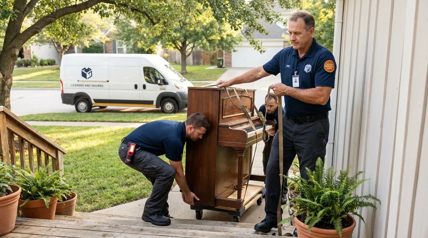 Licensed piano movers securing grand piano in Ellendale, ND
